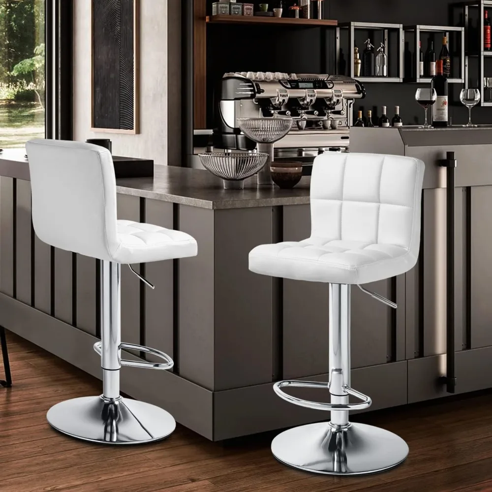 Set of 2, Square PU Leather Adjustable Bar Stools with Back, Counter Height Swivel Stool, Barstools for Kitchen Counter, White