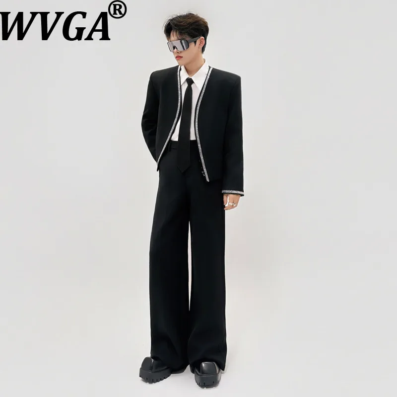 

WVGA Spring Autumn New Man Elegant Diamond Collarless Cardigan Blazer Korean Style High-end Suit Pants Two Pieces Set Ins W21431