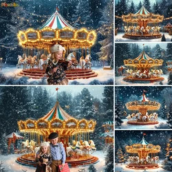 Christmas Dream Carousel Background Photography for Winter Kids Photos Night Forest Snowflake Backdrop Outdoor Wonderland Photo