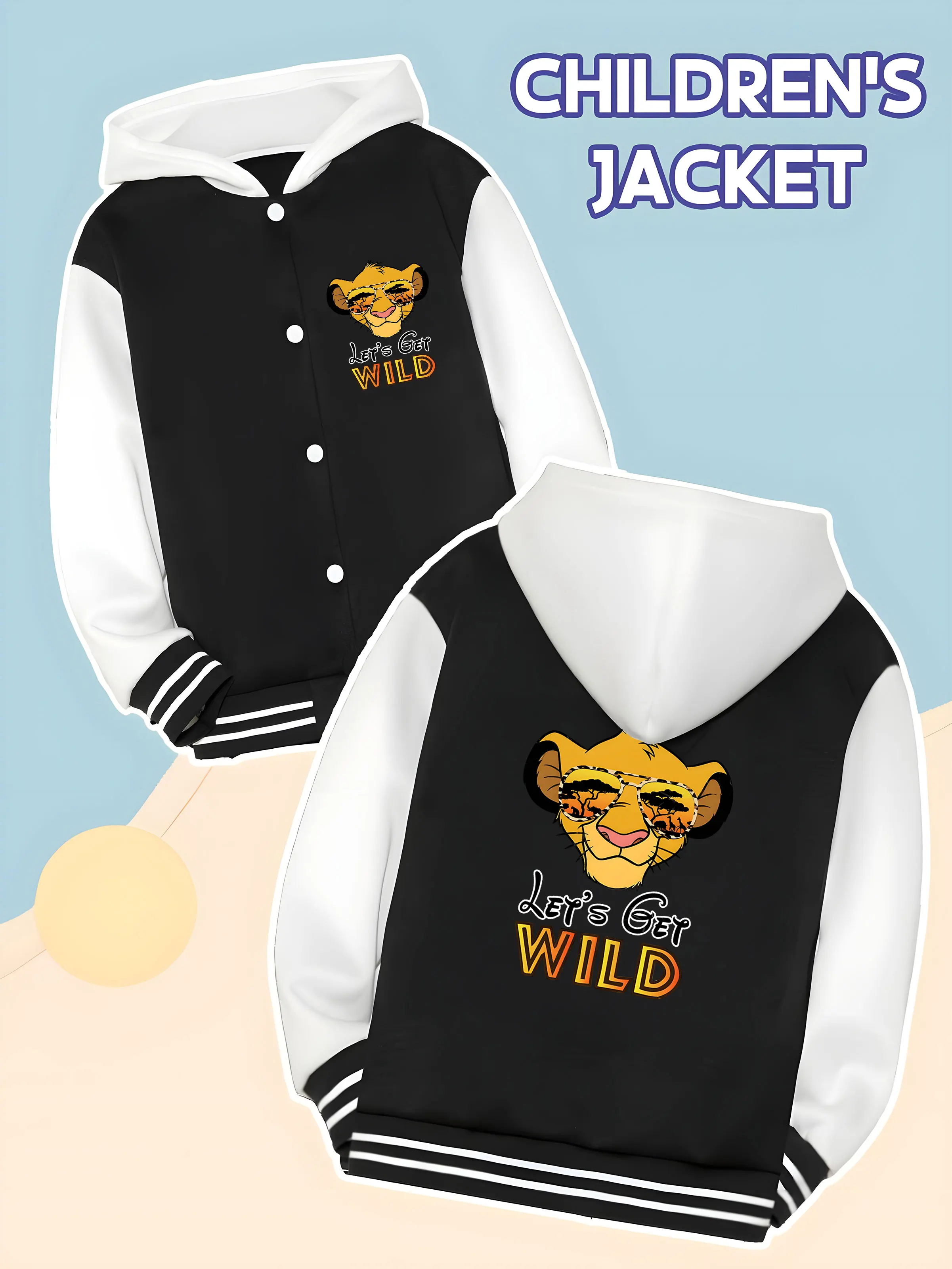 

MINISO Disney Lion King Simba Kids Baseball Boys Jacket -Simba "Let's Get WILD" Print,Fashionable and Funny,Everyday Play Jacket