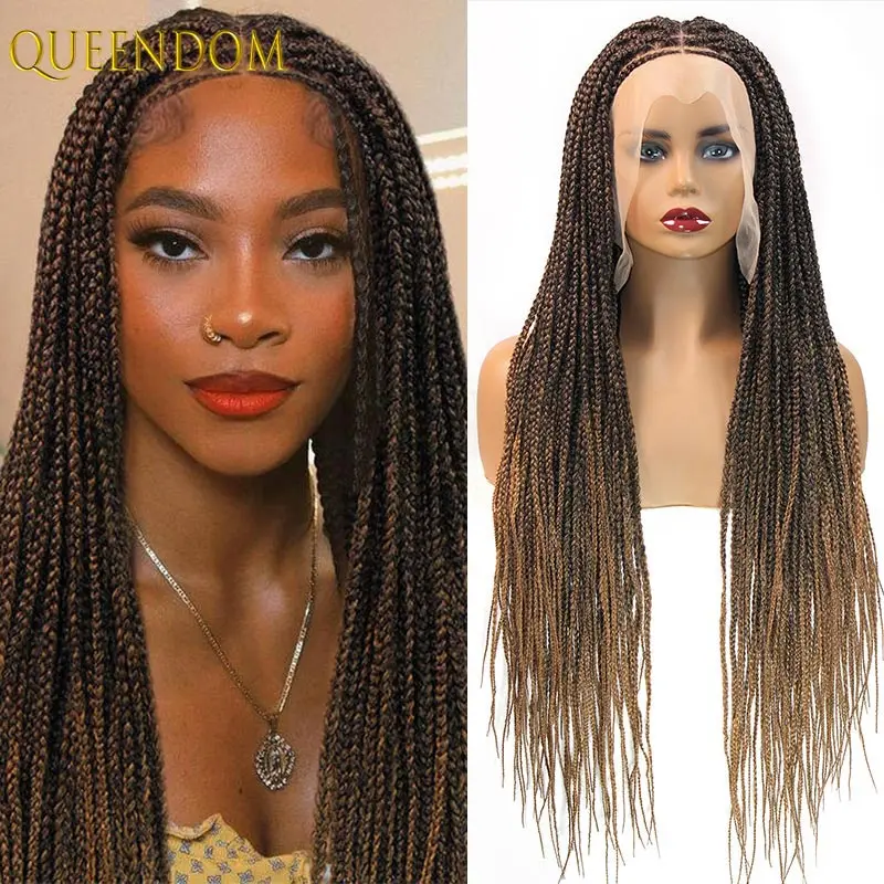 32 zoll Synthetische Volle Spitze Geflochtene Perücken Für Schwarze Frauen Ombre 1B27 Zöpfe Spitze Perücken Göttin Böhmischen Box Braid Locs perücke