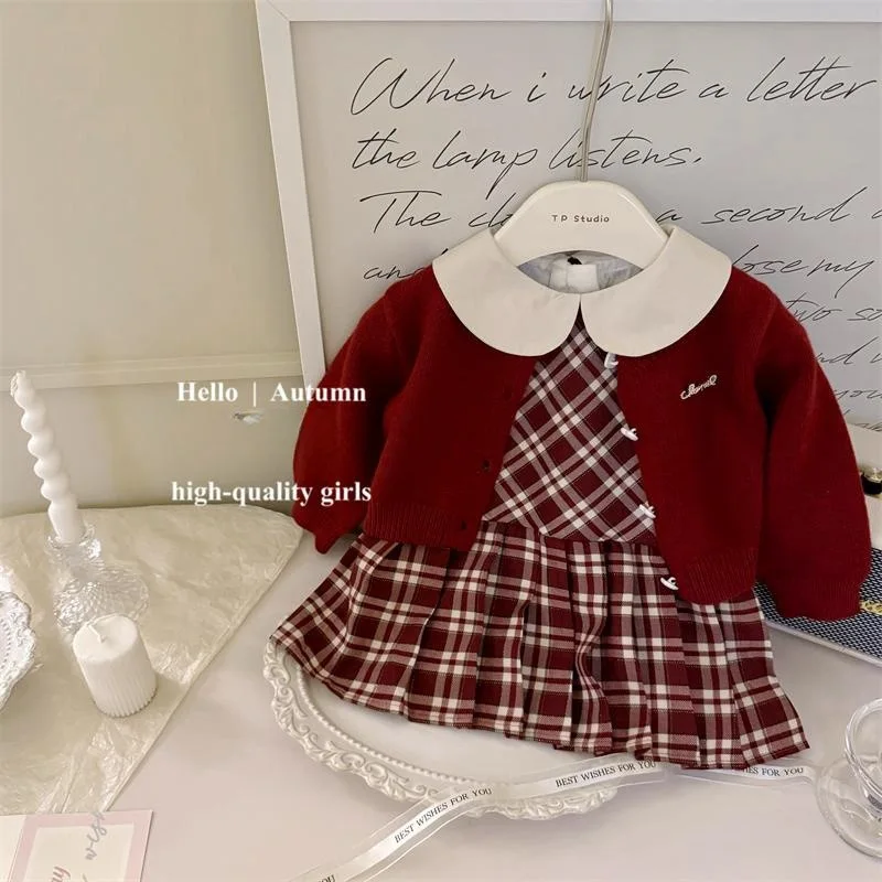 

01-2025Autumn New Style Baby Girl Red Plaid Skirt Solid Color Knitted Cardigan Sweater Korean Style College Style Two-Piece Set