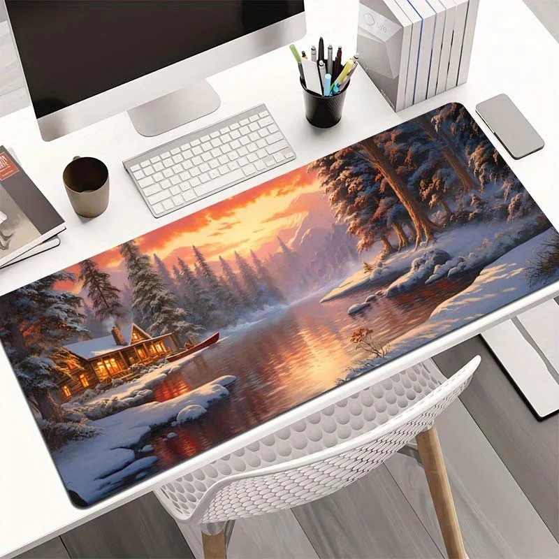 Winter Cabin Sunset Lake Extended Desk Mat Durable Non-Slip Rubber Gaming Mousepad Office