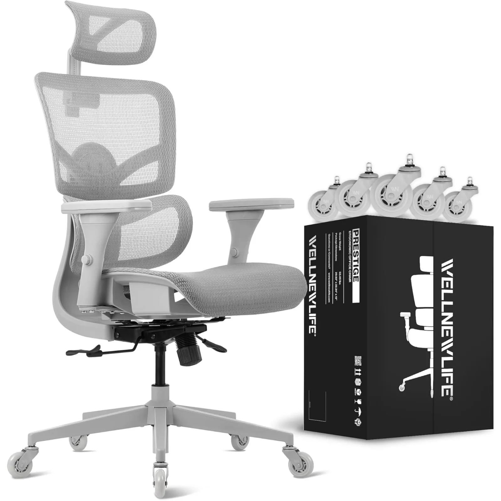 

US WELLNEW Prestige Ergonomic Office Chair - Height Adjustable Backrest Lumbar Support, Seat Depth Adjust, 3D Headrest, 4D