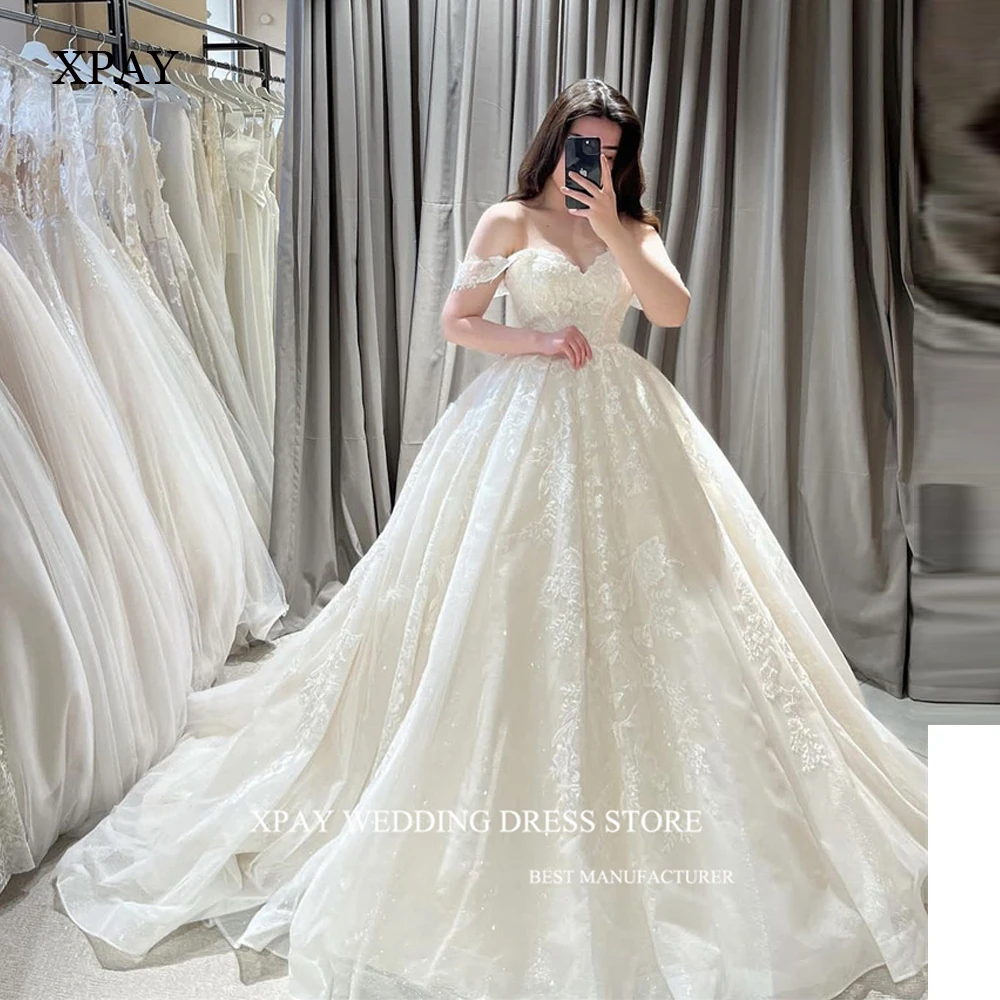 XPAY Sexy Off the Shoulder Princes Tulle Wedding Dresses Glitter Shiny Lace Applique Court Train Elegant Bridal Gowns Princess