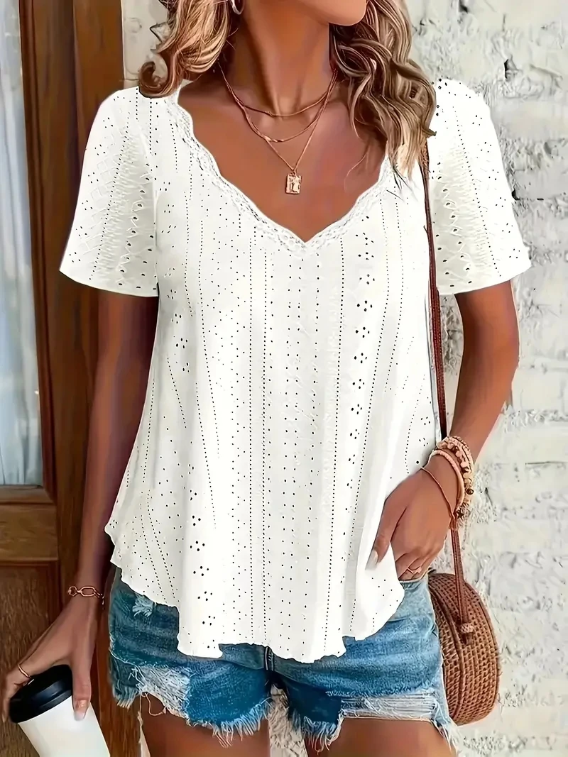 2024 Plus Size Eyelet Solid V Neck T-Shirt Casual Short Sleeve Top For Spring & Summer Women\'s Plus Size Clothing