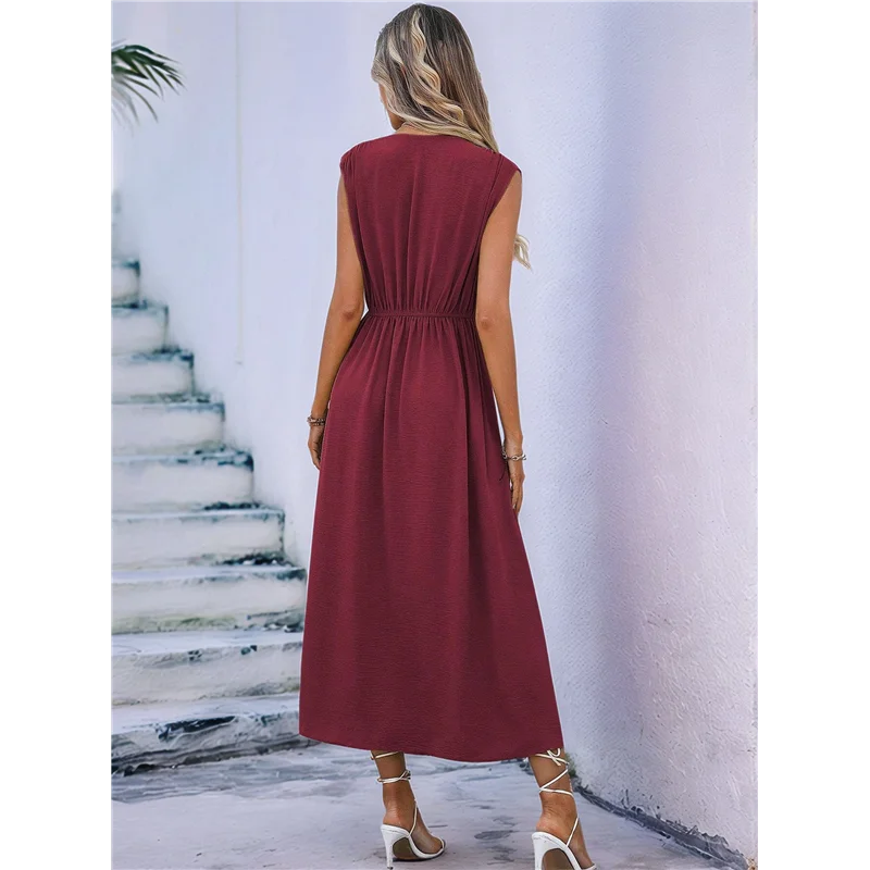 A83F-Womens Summer Casual Sleeveless T Shirt Midi Dress Slim Fit Tie Waist Tank Long Dresses 2025 Vacation Sundress