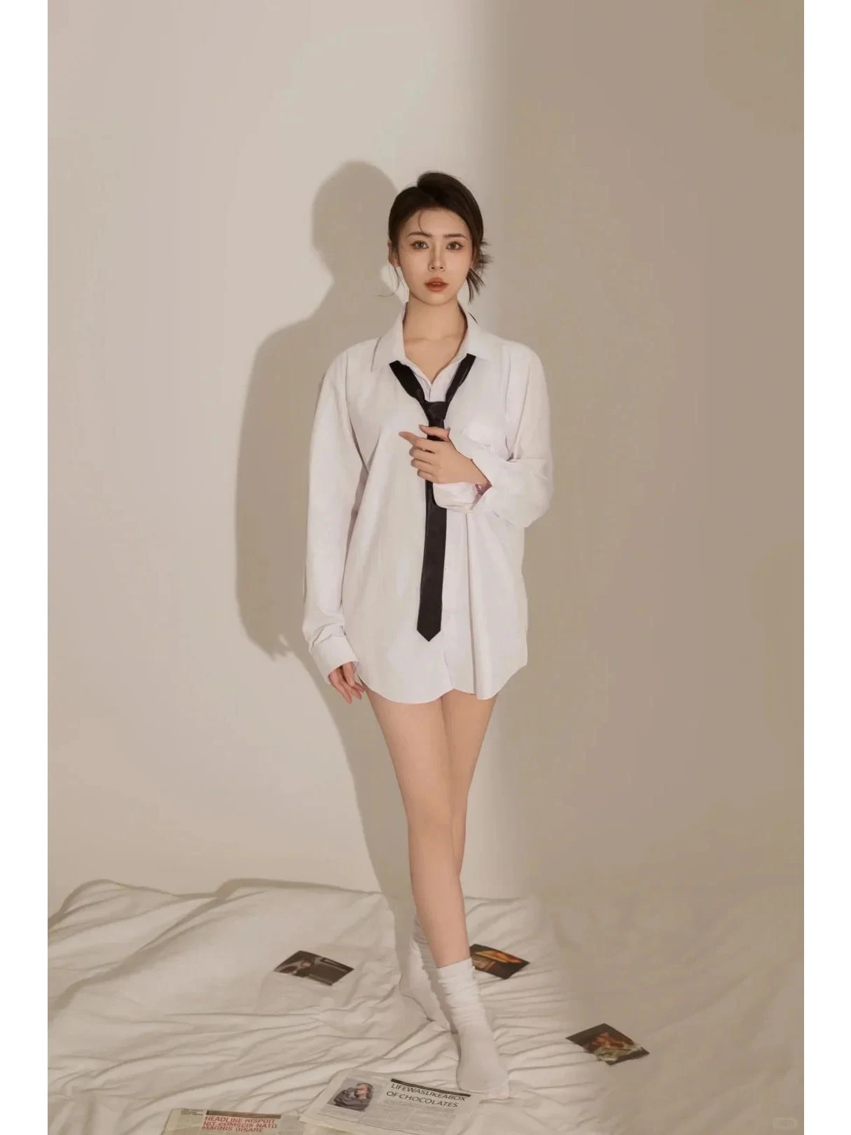 

White Shirt Korean Style Lazy Atmosphere Sensation Individual Portrait Art Photo Clothing Pure Desire Minimalist Studio New A...