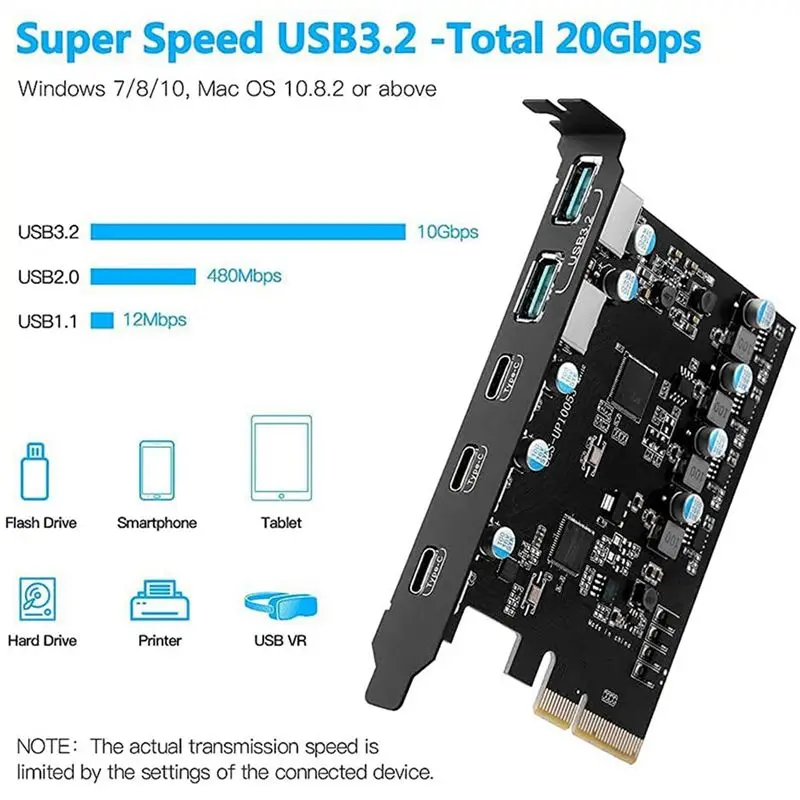Ingenious-2X Pcie To USB 3.2 Gen 2 Adapter Card PCI Express Expansion Card PCI-E Add-On Cards Riser For PC Windows 10/8/7 And MA