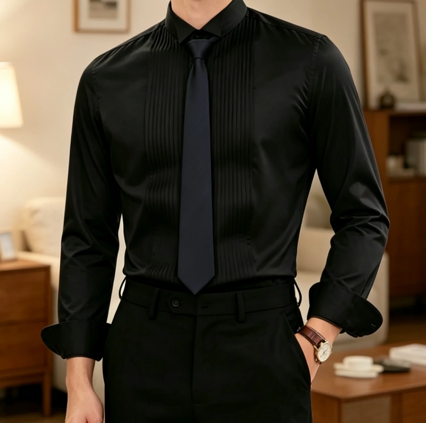 Men's Pleated Front Formal Shirt, Slim Fit Long Sleeve Button Down Shirt for Business Wedding Party