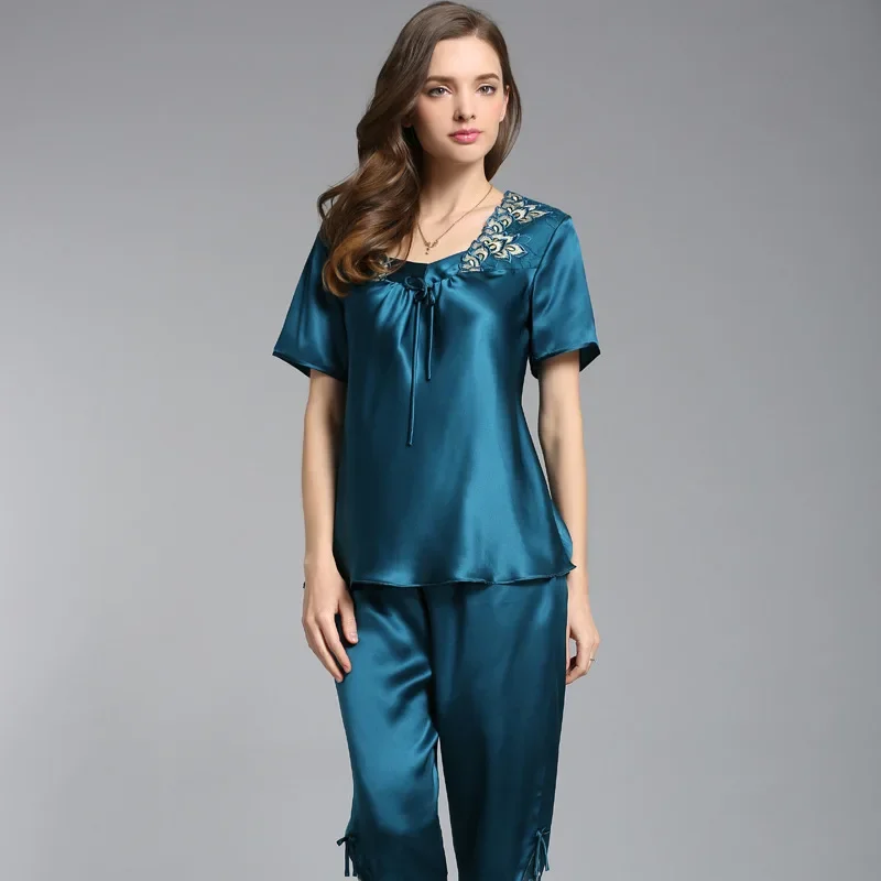 Chic Lace 100% Mulberry Silk Women's Short Sleeve Top & Pants Pajama Homewear Solid Color Square Neck Casual Pajamas Nightwear