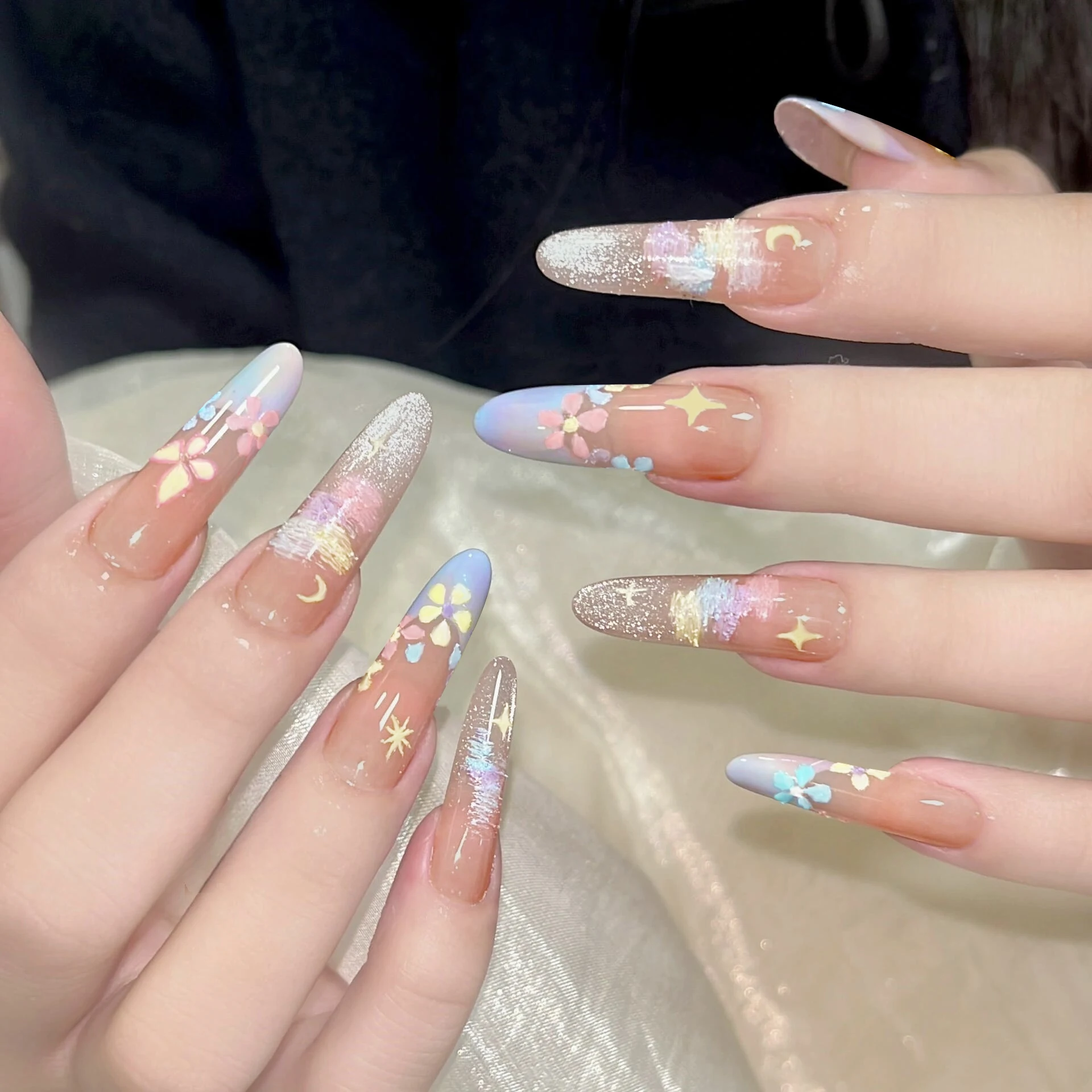 Naklejane paznokcie, sztuczne paznokcie, dekoracja, manicure, 10 sztuk/zestaw, pełne pokrycie z motywem ogrodowym, zdobione cyrkoniami, tipsy do paznokci.