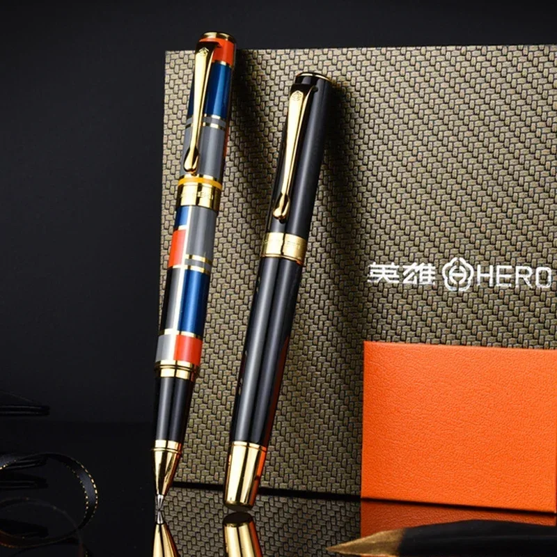 Hero 767 Art Series Red Blue Yellow Colorful Squares Ball Roller Ballpoint Pen Gold Trim Professional Office Stationery Writing