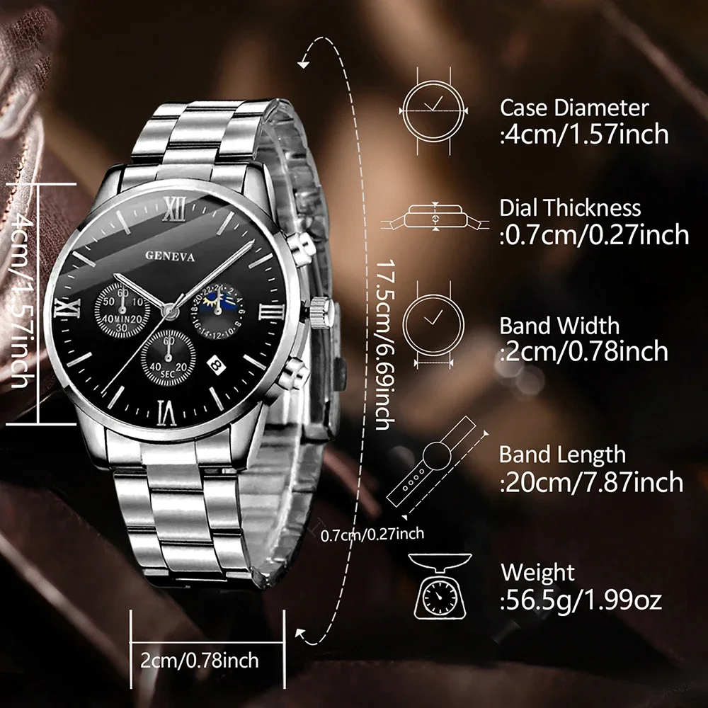 طقم ساعات رجالية مكون من 4 قطع، ساعة كوارتز عصرية للأعمال، قلادة متقاطعة، قلادة، خاتم، سوار، مجموعة مجوهرات هدية مثالية له