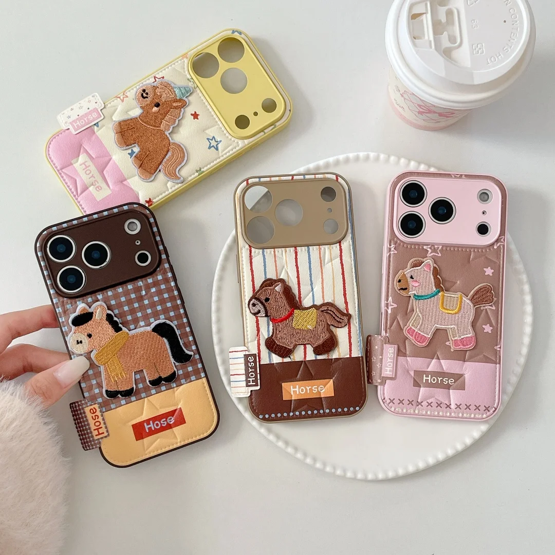 

Korean Cute Embroidery Little Horse Striped Grid Pattern Phone Case for iPhone 17 Pro 16 15 14 13 Pro Max Back Cover Funda
