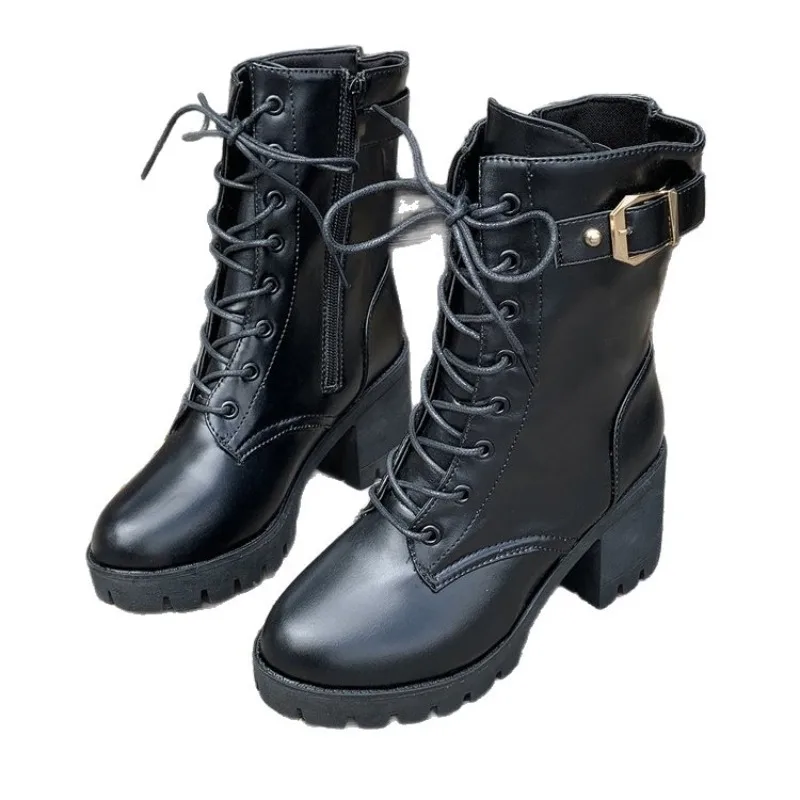 Hot Selling British Style 2025 New Round Head Chunky Heel Ankle Bootie Women's Boots Black Lace Up Shoes Botines Para Mujeres