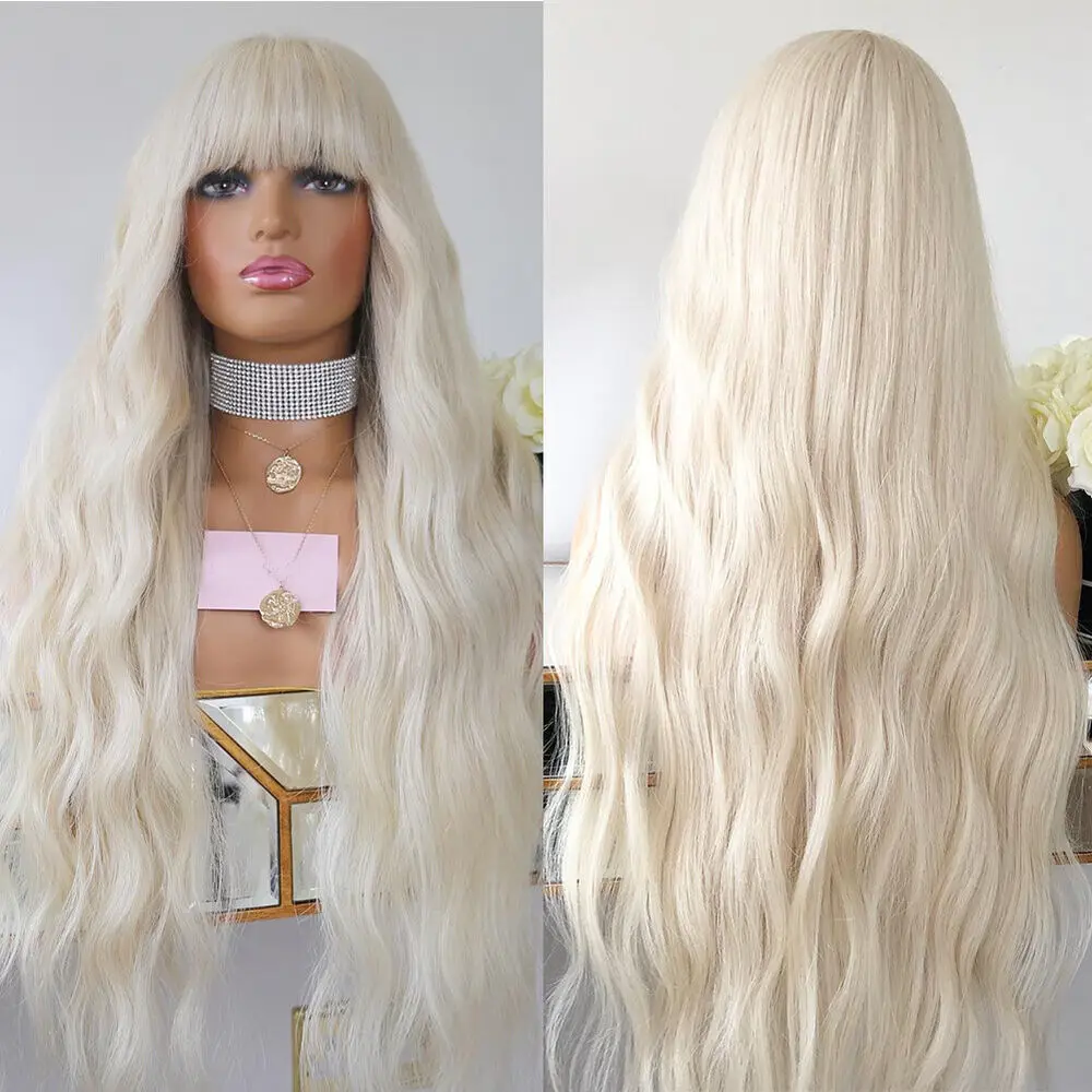 Synthetic Hair Heat Resistant Platinum blonde Costume Wigs With Fringe Long Wavy