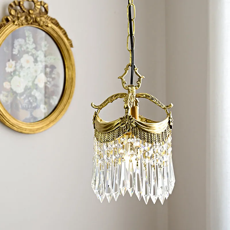Vintage French Copper Porch Small Chandelier Corridor Balcony Retro Pendant Lighting Bedroom Bedside Crystal Hanging Lamp