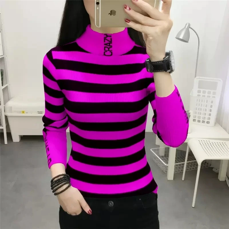 Autumn Winter Women Stripe Pullover Sweater half-turtleneck bottom Clothes Women High Neck Slim Basic Sweaters Tops M-3XL