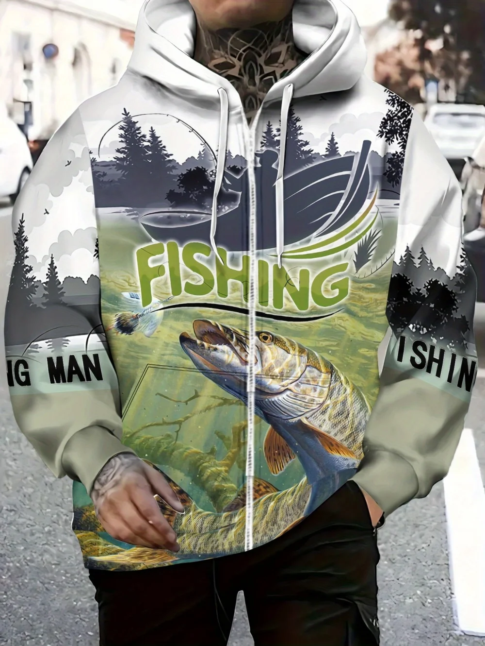 

Mens Lightweight Fishing Print Hooded Zip-Up Gray Polyester Outdoor Activities Casual Multicolor Oversize Men's Sweatshirt Tops