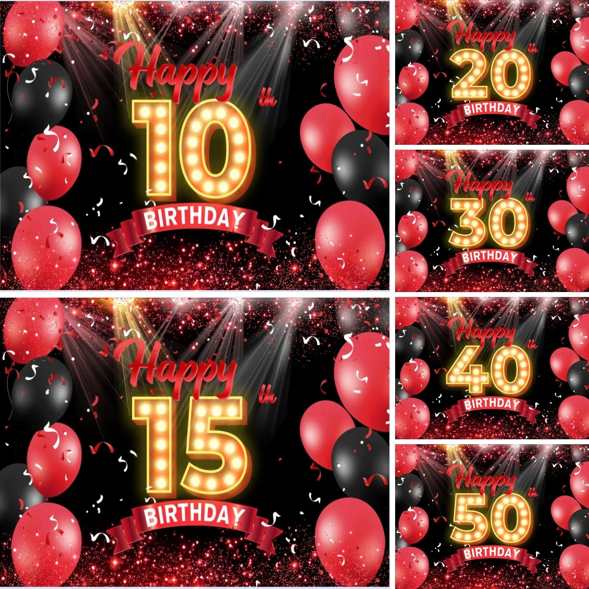 Happy Birthday Backdrops Black Red Balloons Customized Name Age Kids Adults 30th 40th 20th Birthday Party Decor Photo Background
