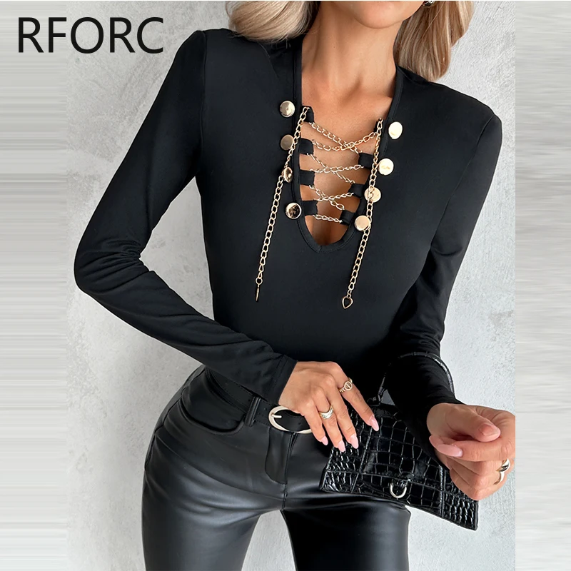 2024 Women Deep V Neck Criss Cross Chain Decoration Knitting Basic Black Blouse Top