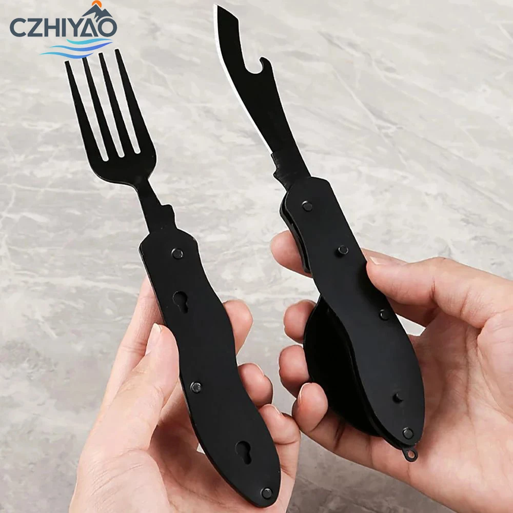 

CZHIYAO 4-in-1 Stainless Steel Camping Cutlery Set Detachable Foldable Design For Backpacking Fishing Reconnaissance Outdoor