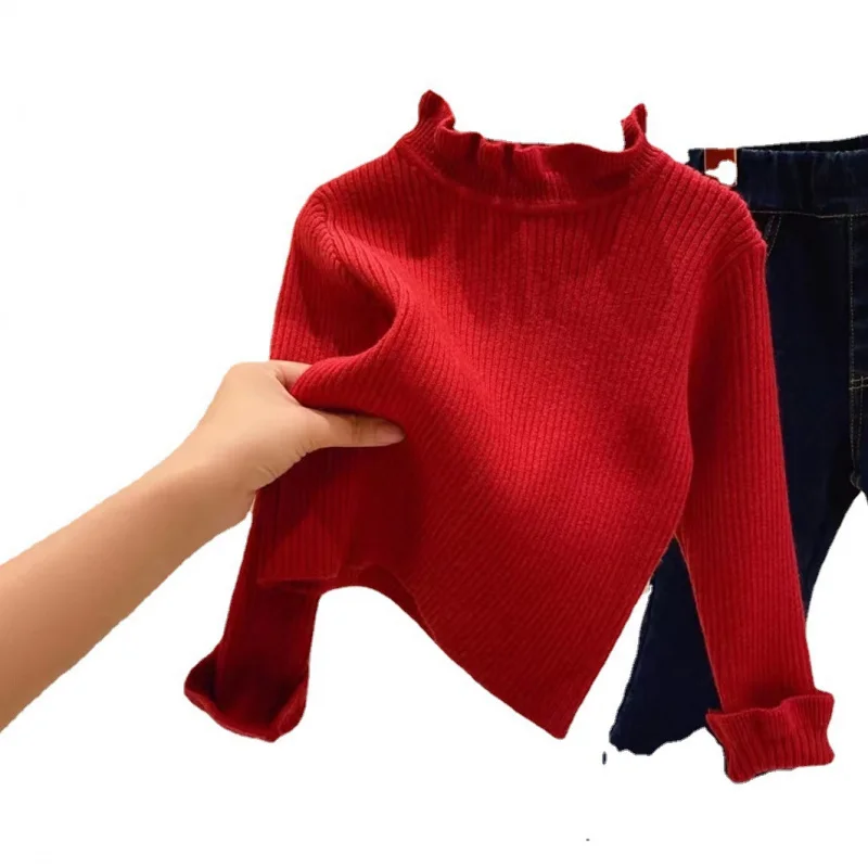 01-New ربيع الخريف الشتاء الفتيات سترة أنيقة عالية الرقبة بلون قاعدة قميص للفتيات الصغيرات مع حافة تكدرت محبوك Sw