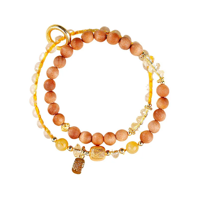 

Sandalwood Tiger Eye Crystal Bracelet New Chinese Style Blessing Tag Wheel Crystal Jewelry for Women Gifts