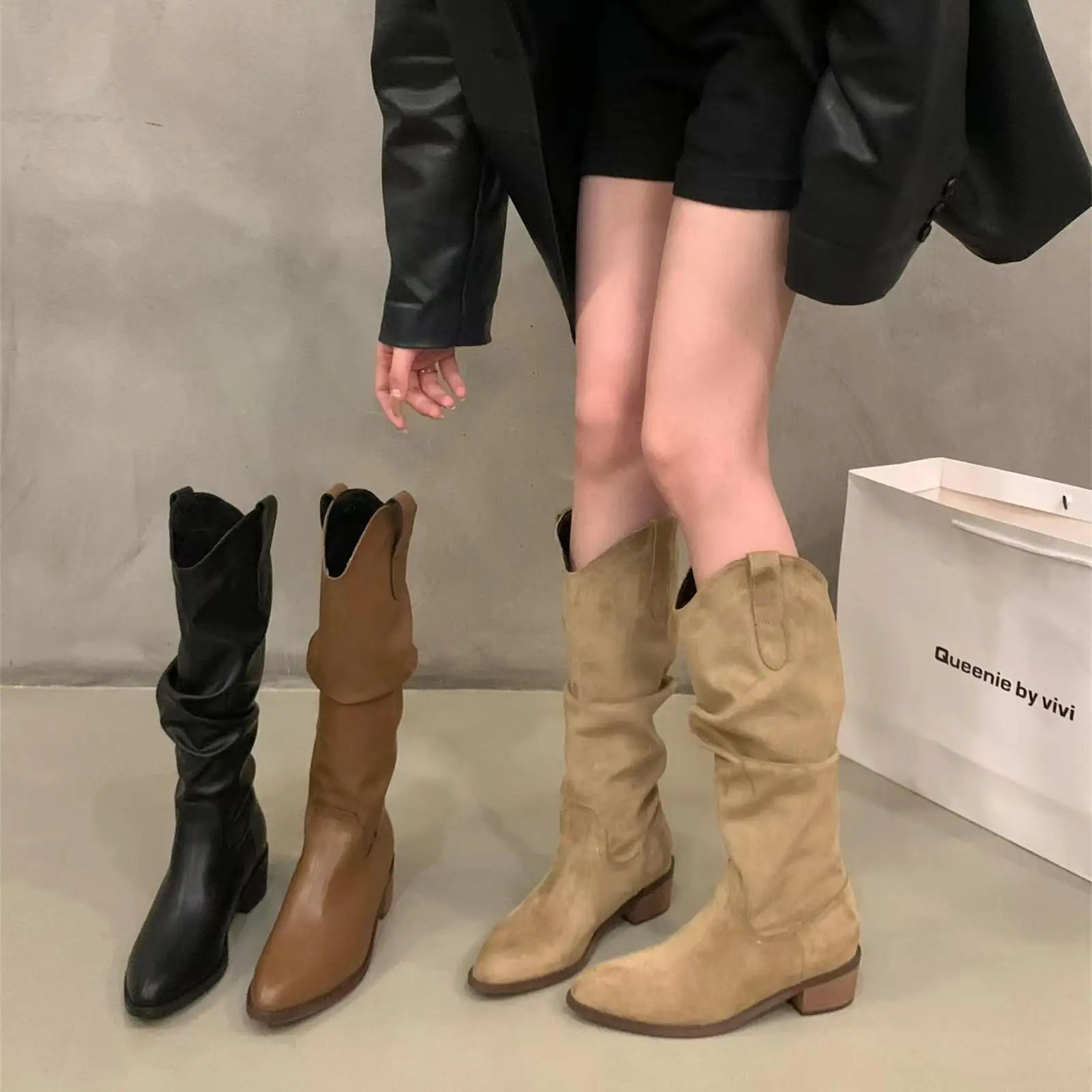 Long boots brown V-neck pile pile middle tube long boots women's shoes 2025 autumn pointed western cowboy boots