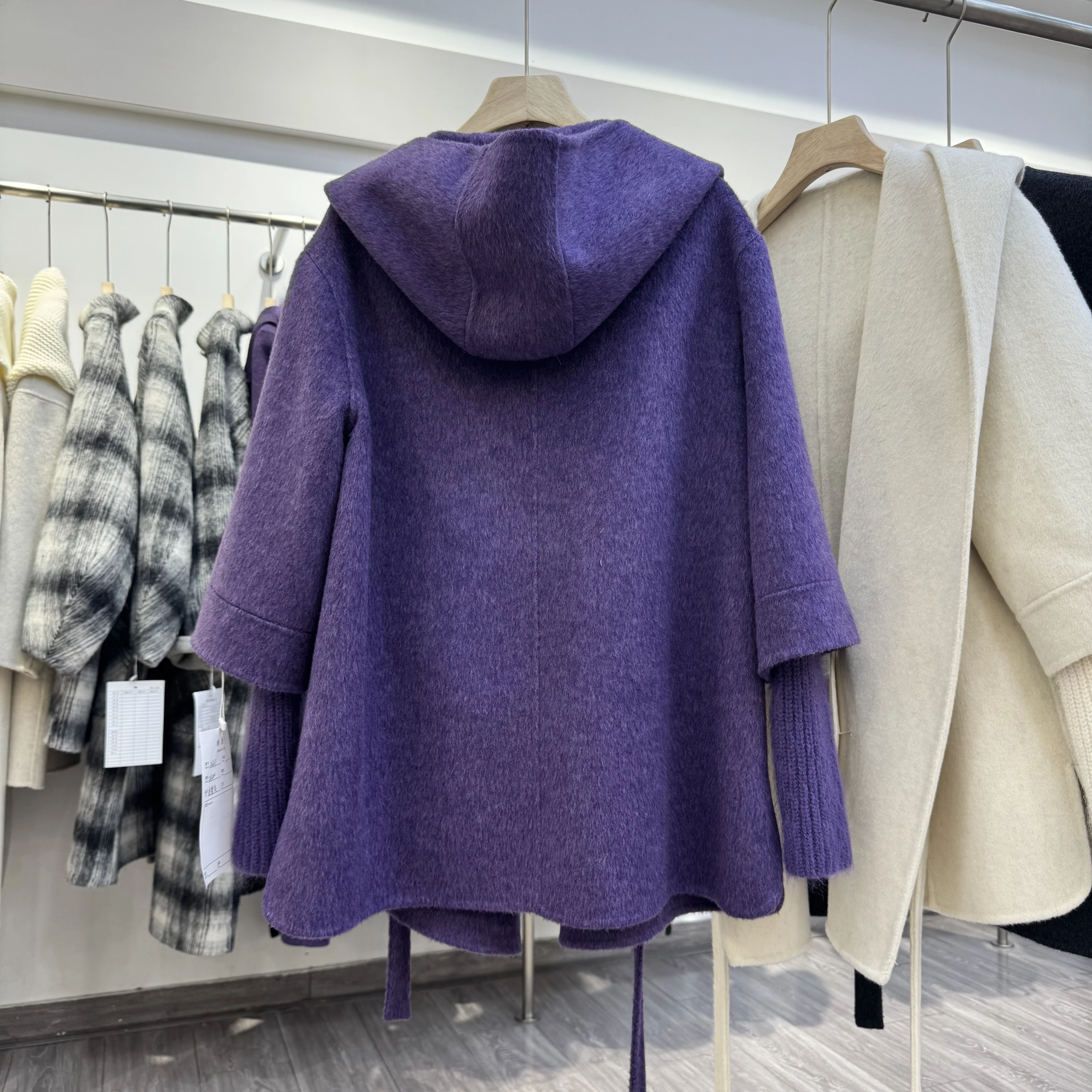 2026 Winter Purple Medium-Length High-Design Hooded Tie Double-Faced Wool Coat for Women Fancy Wool Overcoat cape style overcoat