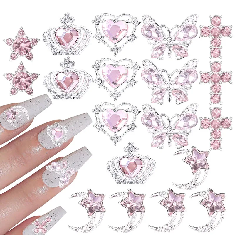 

30Pcs Pink Nail Charms Alloy Rhinestones 3D Star Butterfly Heart Cross Gem Nails Crystal Diamond Nail Art Decoration Accessories