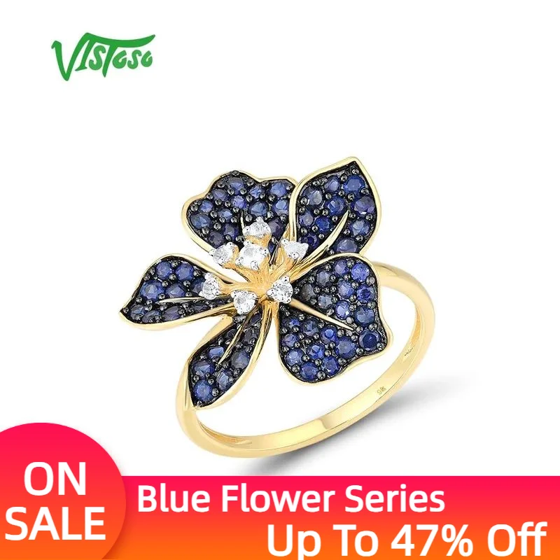 

VISTOSO Pure 9K 375 Yellow Gold Rings For Women lab Created Sapphire White Topaz Blooming Flower Anniversary Gifts Fine Jewelry