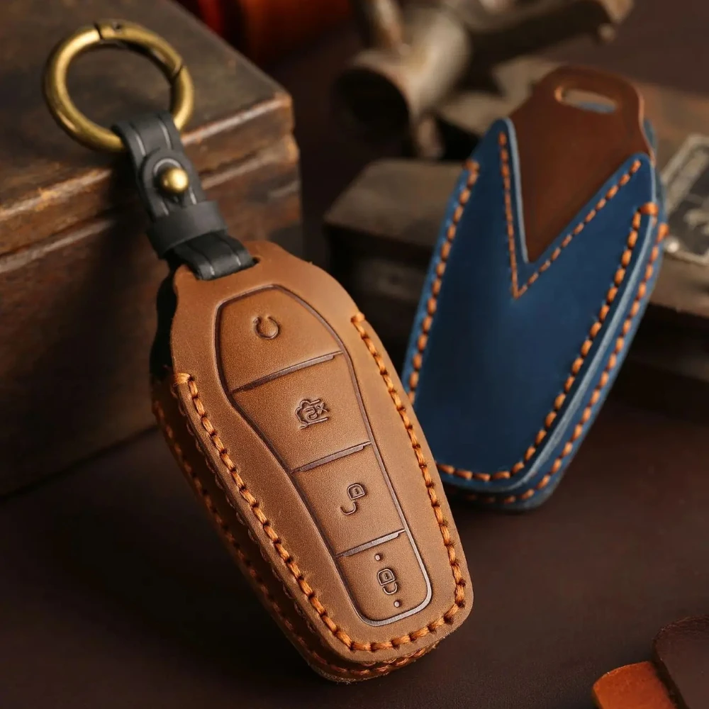 Premium Full Cover Leather Key Fob Case for BYD Dolphin/Seal/ATTO 3/Song Plus - Anti-Scratch Shockproof Keychain Cover with Ring