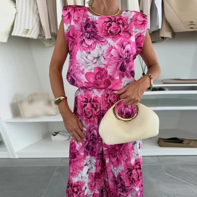 

Nice Summer Lady O Neck Sleeveless Top And Wide Leg Pants Set 2025 Fashion High Waist Pleats Commuter Suit Casual Street Loose O