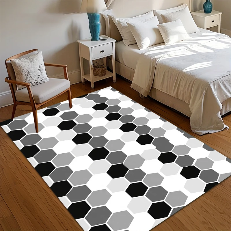 Black White Gray Hexagonal Mosaic Area Rug for Living Room Bedroom Modern Geometric Home Decor Soft Non Slip Washable Floor Mat