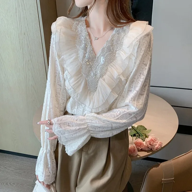 OCEANLOVE Ruffles Lace Blouses Autumn Winter Korean Fashion V Neck Sweet Women Shirts Elegant Vintage Chic Blusas Mujer