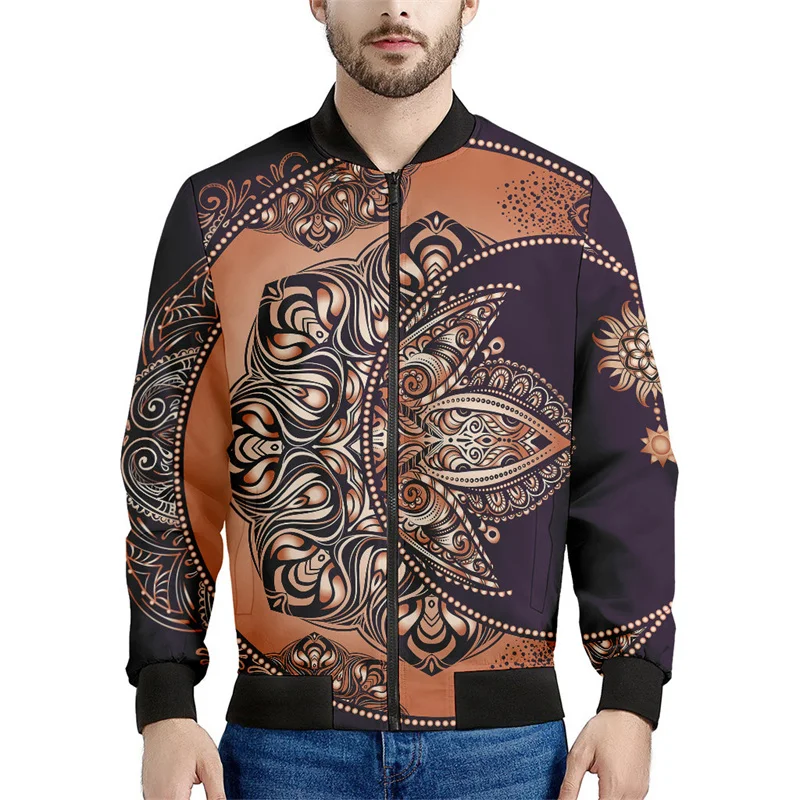 Bohemian Mandala Pattern Zipper Jacket For Men Floral 3D Print Coat Spring Autumn Oversized Tops Streetwear Long Sleeves Jackets