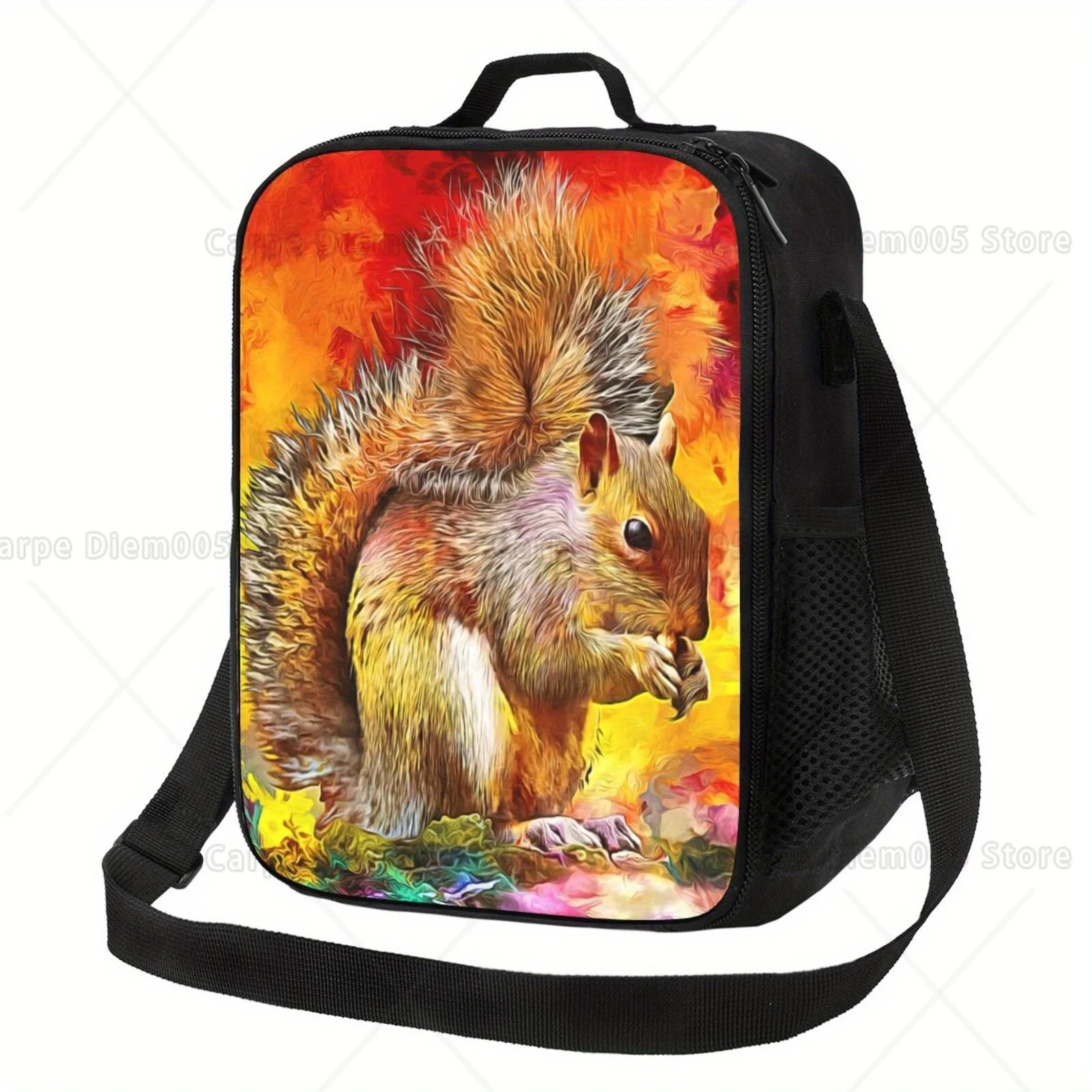 Bolsa de almuerzo con aislamiento de ardilla colorida, impresión 2D vibrante, bolsa Bento reutilizable con asas negras, poliéster de contacto sin alimentos, 1 ud.
