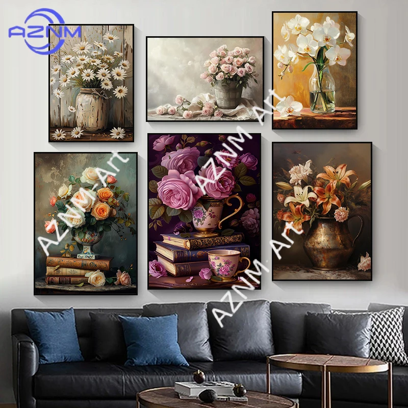 Retro Blumenstrauß Rosa Rosen Nordische Mode Florale Stilleben Poster Drucke Leinwandgemälde Wandkunst Bild Wohnzimmer Heimdekoration