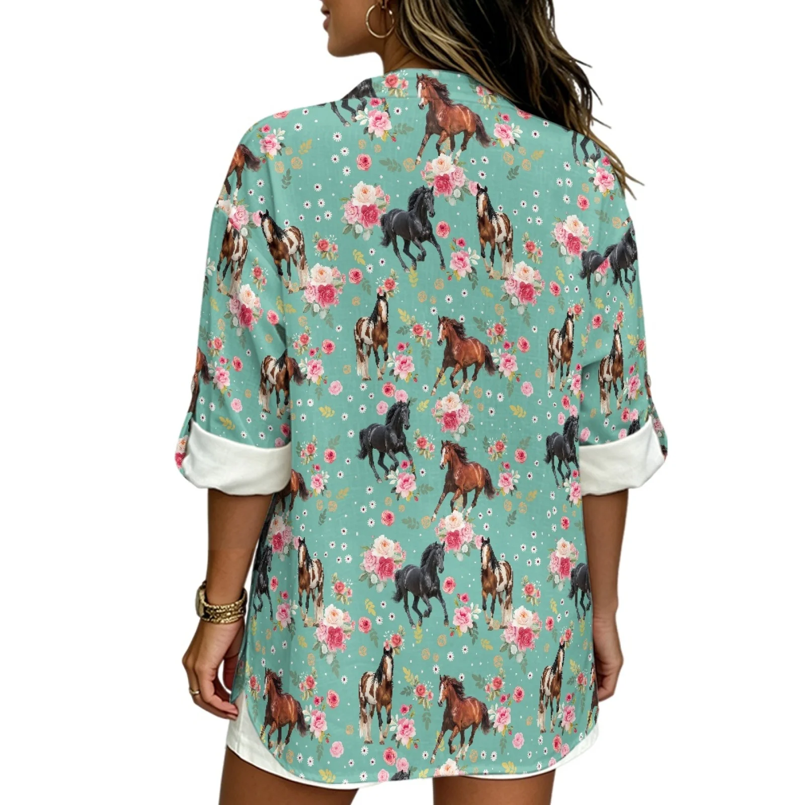 PENSTROLL Horse & Floral Linen Like Tunic Shirts for Year Round Pullover Long Sleeve Tops Women's Tops