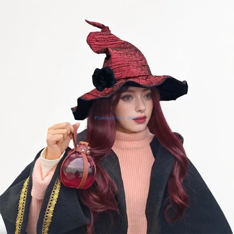 

652B Classical Witch Costume Hat Twisted Wizard Hat with Wrist Flower For Halloween Enthusiasts And Role Playing Event