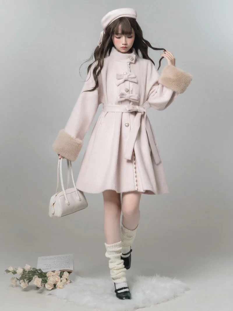 2025 Winter Autumn Original Japanese Style Elegant Cape Coat Pink Mass-Produced Lolita Long-sleeves Single-breasted Jacket Women