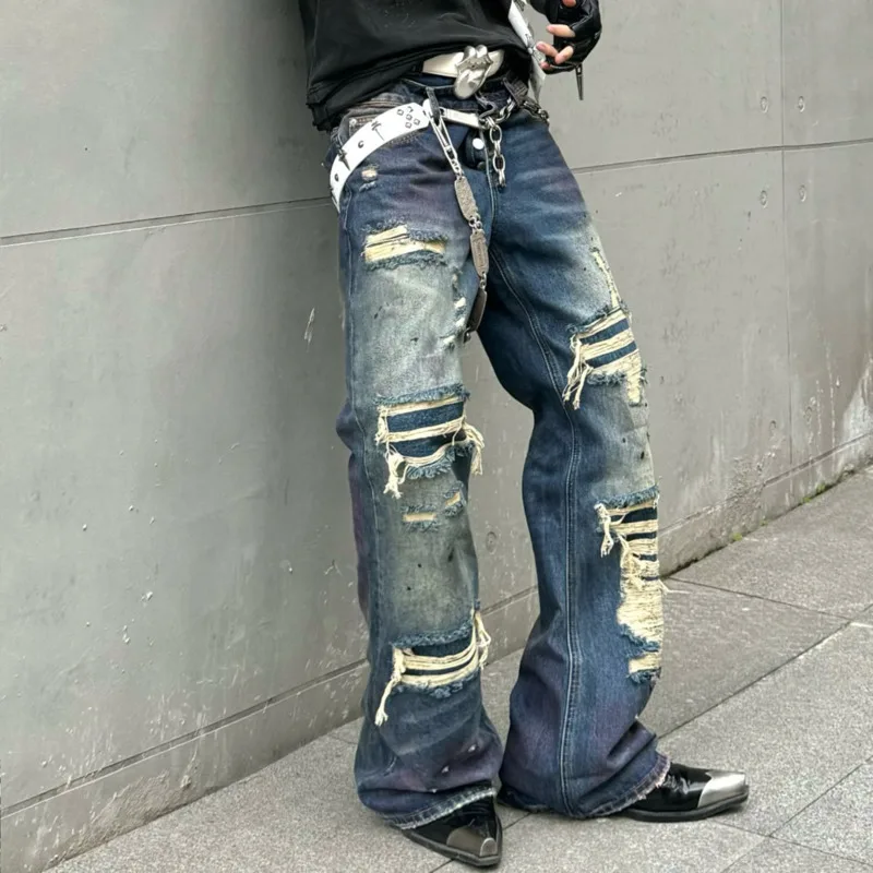 HKSH Spring Autumn New Men Washed Distressed Punk Buttons Ripped Cotton Jeans Trendy Fashion Waste Land Chic Denim Pants HK19248