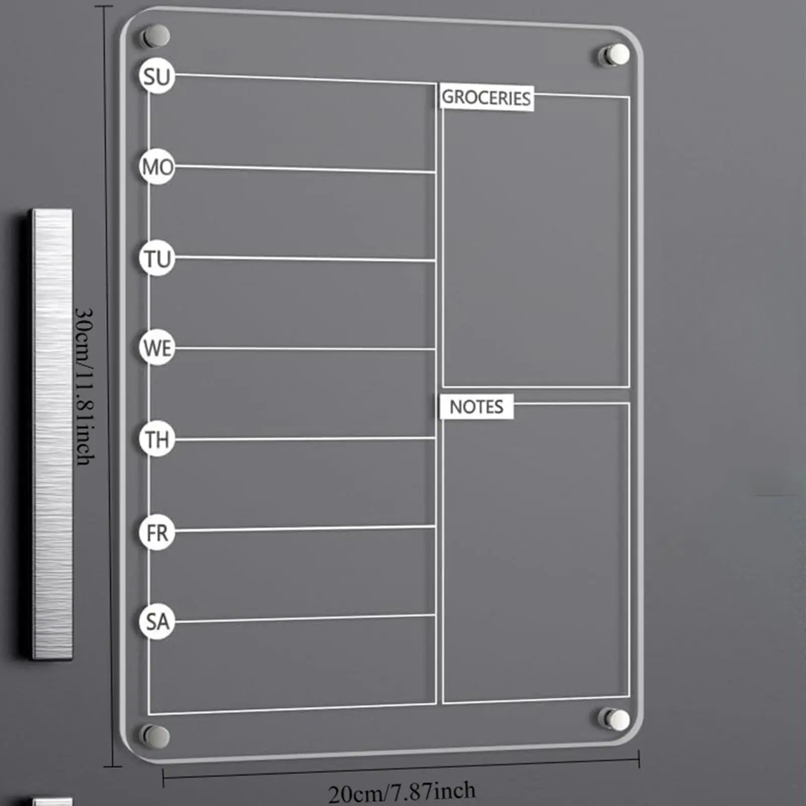 냉장고 용 아크릴 메모 보드 냉장고 주간 달력 8 개의 마커가있는 건조 지우기 보드 재사용 가능한 냉장고 계획 노트 보드