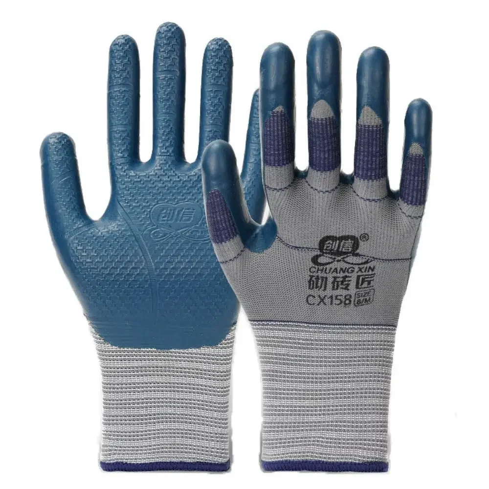 Blue Embossing Work Gloves Nylon Breathable Latex Work Safe Gloves Antiskid Stretchable Protective Mittens Construction Site