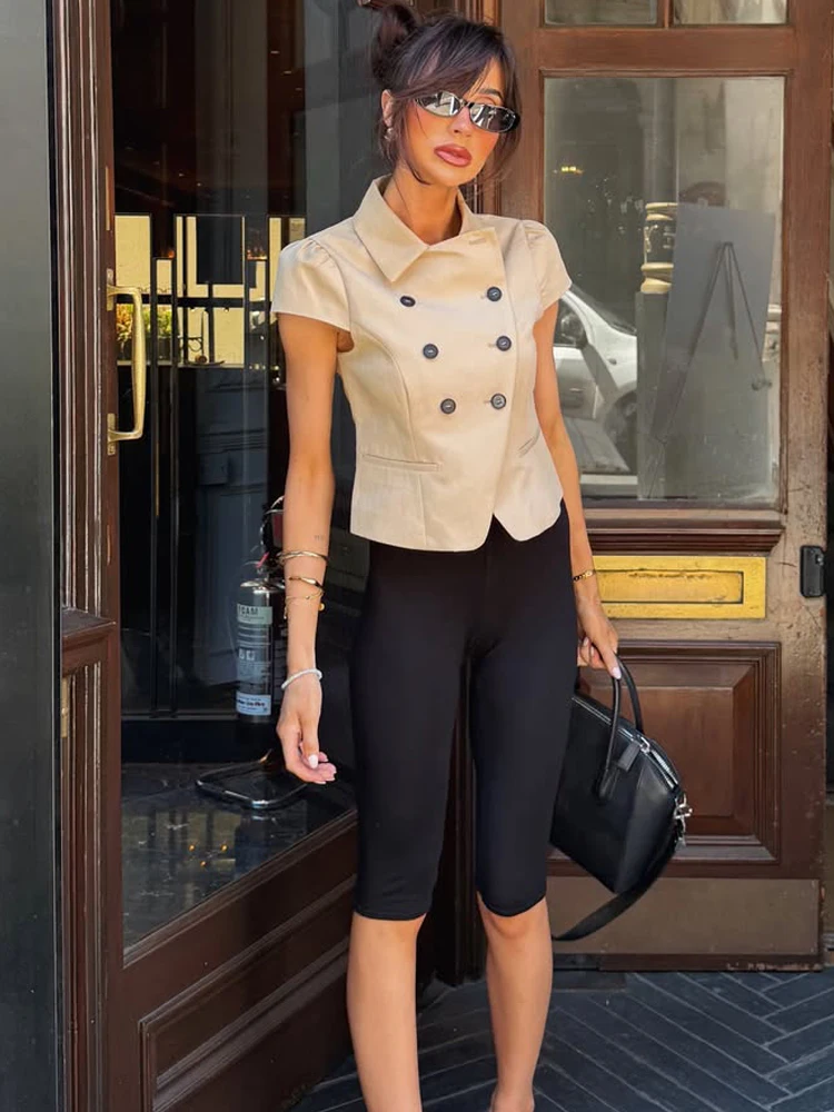 HH Elegant Summer Women's Double-Breasted Slim Jacket 2026 Lapel Collar Puff Short Sleeve Blazer Vest Female Fashion Streetwear