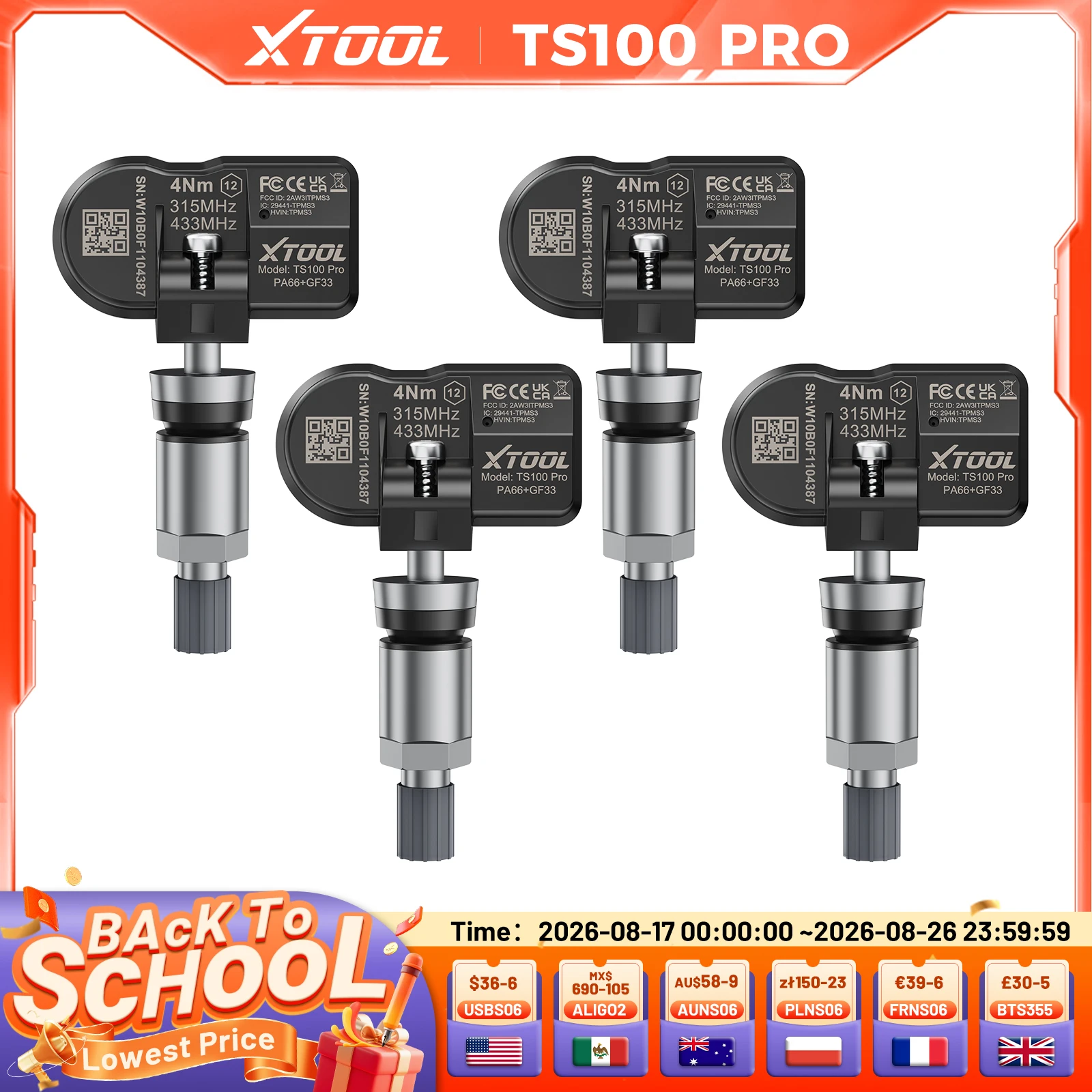 XTOOL TS100 PRO 4PCS Upgraded TPMS Sensor 315Mhz/433MHz Tire Pressure Monitoring Tester Programmed by XTOOL TP150/IP819TP