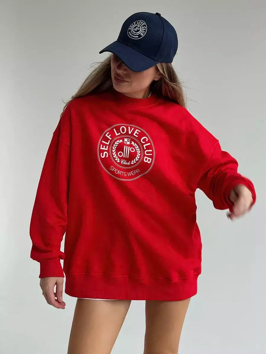 Bluza z nadrukiem Amerykański Klub Samopoczucia, okrągły dekolt, oversize, 6 kolorów, różowa, szara, dla par, moda uliczna, jesienna bluza