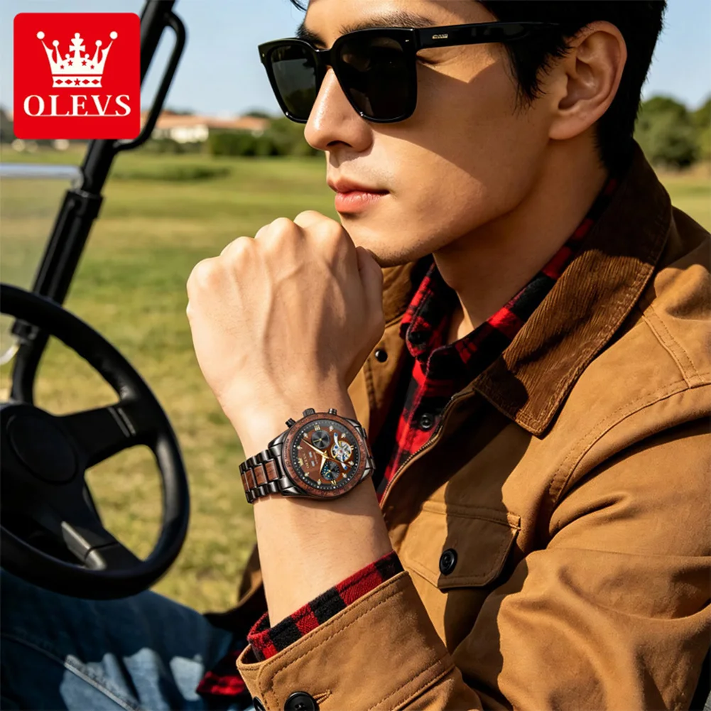 OLEVS 3751 Luxury Mechanical Watch For Men Hollow Flywheel 24-hour Moon Phase Dial Skeleton Window Luminous Waterproof Watch